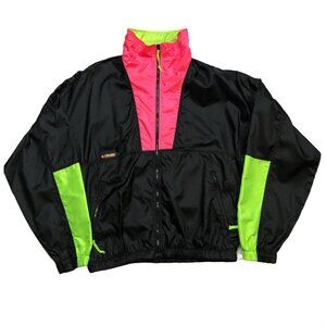 VTG Columbia Mens Windbreaker Jacket Sz M Black Neon Pink Green 80s 90s Radial